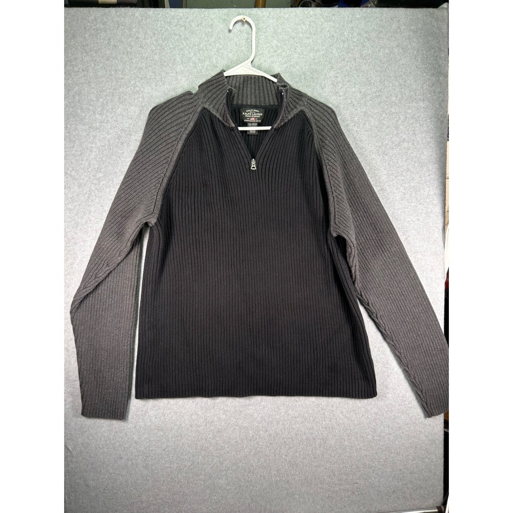 Wear*Ralph Lauren Jeans Co. Men XXL Quarter Zip Ribbed Cotton Sweater Black Grey